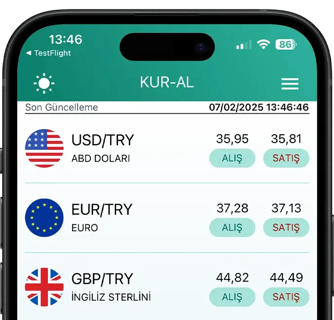 Kur-Al uygulaması — döviz kurları ekranı