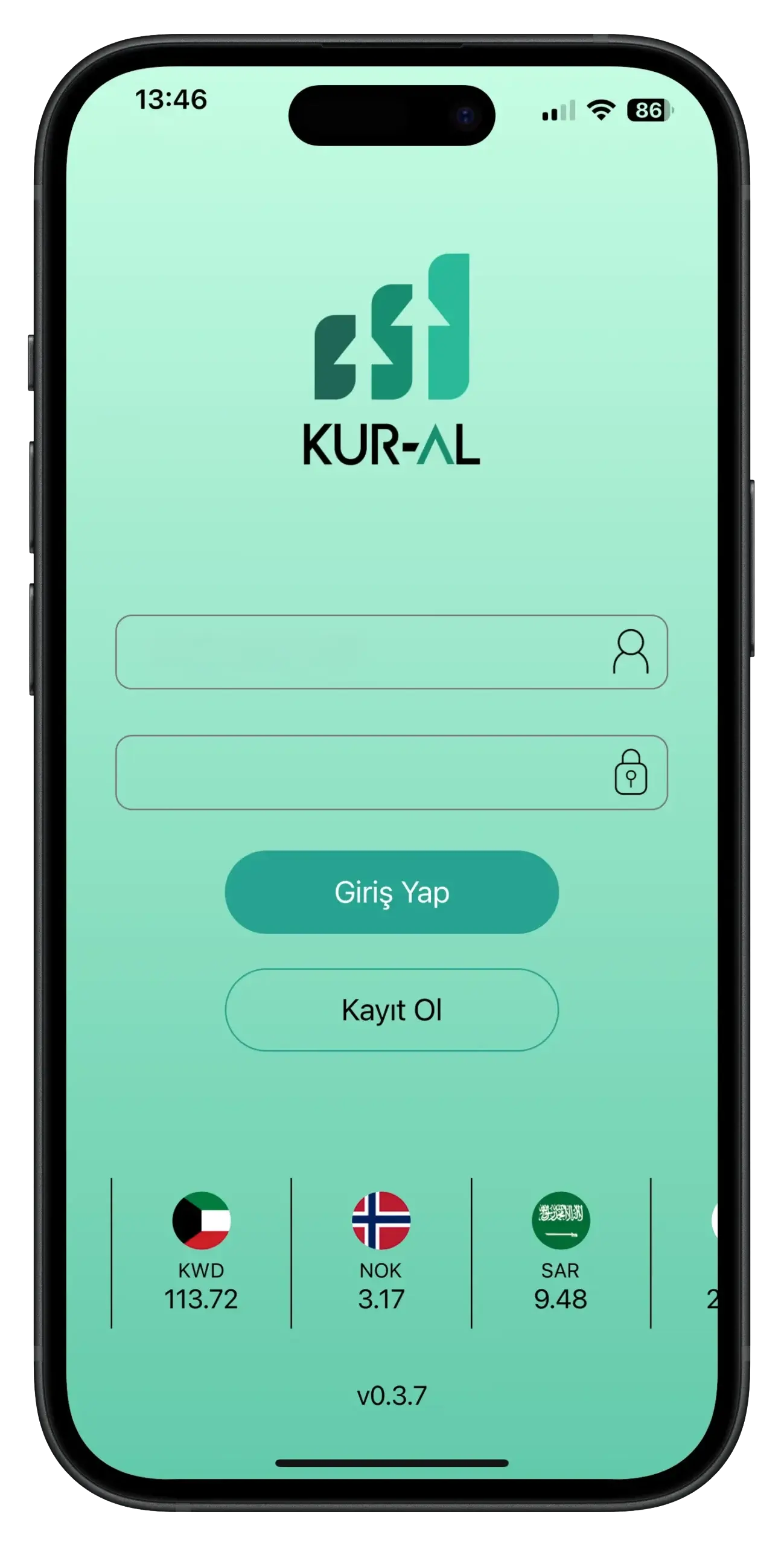 Kur-Al uygulaması — giriş ekranı